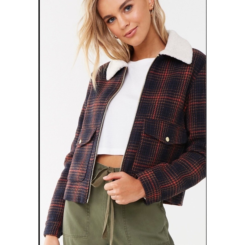 Forever 21 Black Orange Navy Plaid Jacket Wool Blend Sherpa Collar Classic Prep